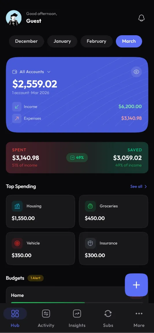 Vento.money App Interface showing dashboard and budget summary